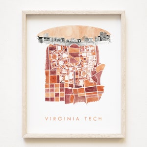 VIRGINIA TECH handgemalte Aquarell Karte (Kunstdruck) BLACKSBURG Stadtplan Universitätsplan Geschenk College Hokie Dekor
