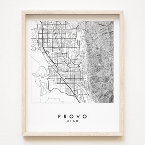 PROVO handgetekende kaart topografische stadskaart Utah tekening zwart wit (Art Print) bruiloft BYU graduatiecadeau Wasatch bergen bewegende cadeau