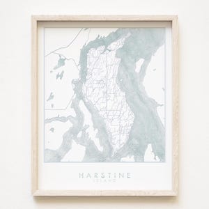 HARSTINE ISLAND aquarel kaart handgetekende kaart WASHINGTON bathymetrische kaart tekening (Art Print) Home cadeau Puget Sound vakantie verhuur decor