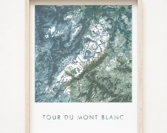 Tour du MONT BLANC France Italy Switzerland Hand Drawn Painted Topographic Watercolor Map (Art Print) Alps Trail