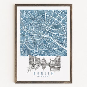 Carte de BERLIN peinte à la main, impression de carte aquarelle ALLEMAGNE Plan d'îlot (impression d'art) Anniversaire de mariage Cadeau de remise des diplômes Voyage en Europe