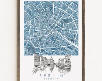 BERLIN Map Hand Painted Watercolor Map Print GERMANY City Block Plan (Art Print) Anniversary Wedding Graduation Gift European Travel