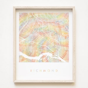 RICHMOND Pride Rainbow Map Acuarela Wash Map Print City Block Plan (Ilustración artística) Virginia VCU UR Graduación Regalo de aniversario de boda