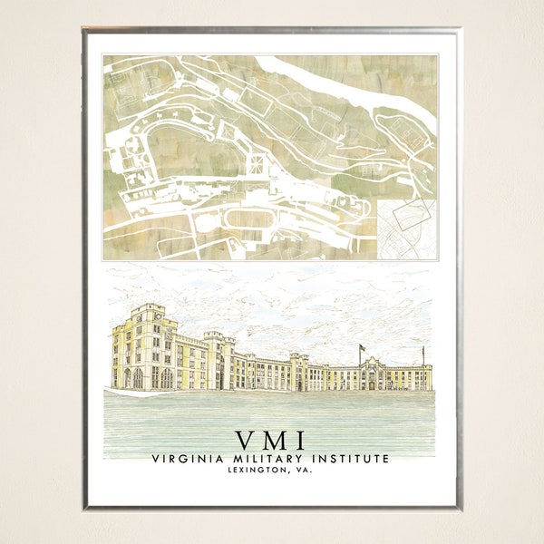 VIRGINIA MILITARY Institute Barracks Architectural Sketch and Campus Watercolor Map (Art Print) LEXINGTON University Plan Graduation Gift