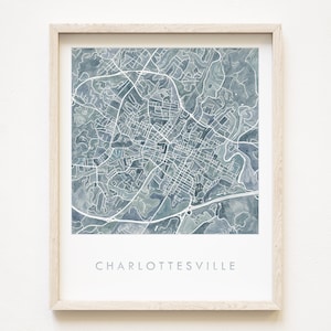 CHARLOTTESVILLE kaart aquarel print VIRGINIA City Block Plan (Art Print) huwelijksverjaardag makelaar verhuiscadeau universiteit UVA afstuderen