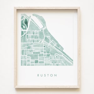 RUSTON Washington Neighborhood Map Blau Aquarell Druck WASHINGTON Stadtplan (Kunstdruck) pazifischer Nordwesten Puget Sound Tacoma Point Ruston