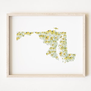 MARYLAND staat bloemenkaart aquarel Black Eyed Susan (Art Print) kaart muur afstuderen bruiloft makelaar verhuiscadeau Mid-Atlantische bloemenkaart