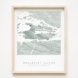 ÎLE WELLESLEY, carte des mille-îles de New York lavis aquarelle (impression d'art) agent immobilier de mariage cadeau de déménagement fleuve Saint-Laurent NNy TI Park