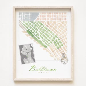 BELLTOWN Seattle-buurtkaart aquarel print WASHINGTON City Block Plan (Art Print) Downtown Seattle kaart muur lokaal decor makelaar cadeau