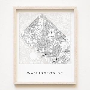 Carte de Washington DC, plan des rues, district de la capitale, carte de la ville, dessin en noir et blanc (impression d'art) agent immobilier, cadeau d'anniversaire de mariage, décoration murale urbaine