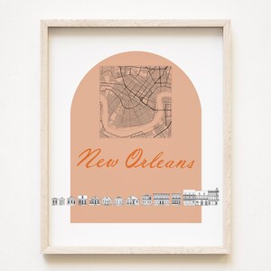 Paysage de rue de la NOUVELLE-ORLÉANS + carte dessin maisons LOUISIANE plan de la ville (impression d'art) mariage déménagement cadeau souvenir décoration locale voyage carte murale NoLA