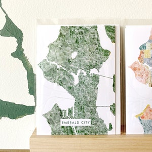 SEATTLE Washington kaart Emerald City groen aquarel wassen kaart wenskaart stad bijnaam kaart makelaar verhuizen leraar cadeau penvriend