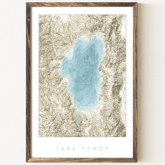 Lake Tahoe CALIFORNIA Nevada Hand Painted Topographic Watercolor Map (Art Print) Trail Hiker Graduation Wedding Map Wall