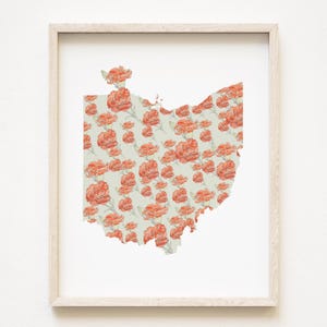 OHIO staat bloemenkaart aquarel dieprode anjer (kunstprint) bloemenkaart Moederdag cadeau kaart muur afstuderen bruiloft makelaar verhuiscadeau