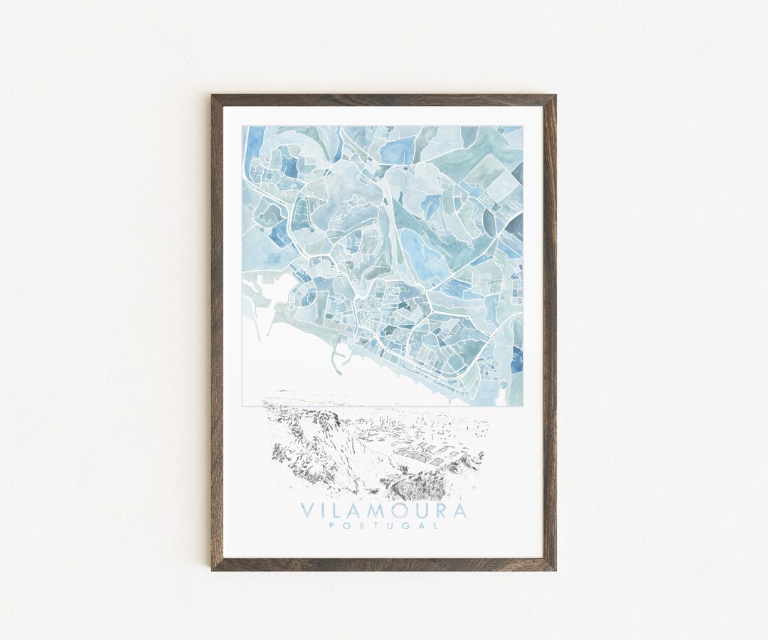 VILAMOURA Quarteira Watercolor Map and Beach Sketch Print PORTUGAL City