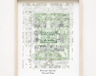 Mapa PULASKI Square SAVANNAH nr 8 (wydruk artystyczny) Historyczna mapa miasta Architektura Savannah Ślub Ukończenie szkoły Agent nieruchomości Rocznica Prezent Georgia