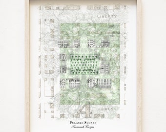 PULASKI Square SAVANNAH Map No. 8 (Art Print) Historic City Map Architecture Savannah Wedding Graduation Realtor Anniversary Gift Georgia