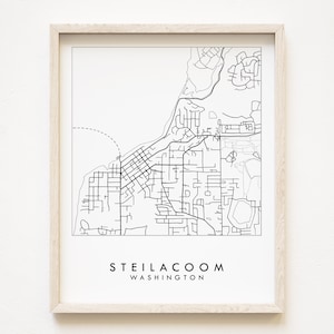STEILACOOM Kaart Hand Getrokken Stratenplan WASHINGTON Stadsplattegrond Tekening Zwart en Wit (Art Print) Bruiloft Verhuiscadeau Puget Sound Decor