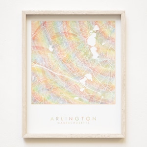 Mapa del arco iris del Orgullo de ARLINGTON, Mapa de lavado de acuarela, Plano de la ciudad impreso (Impresión artística), Regalo de aniversario de boda de agente inmobiliario de Massachusetts, Viaje a Boston