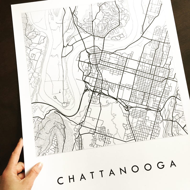 CHATTANOOGA Map Street Map TENNESSEE City Map Drawing Black and White Art Print Wedding Anniversary Gift Wall Decor image 2