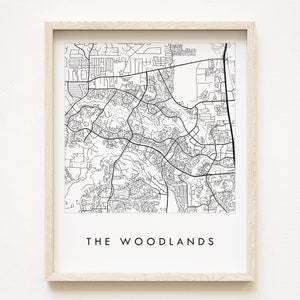 Mapa WOODLANDS Mapa de ruas desenhado à mão Mapa da cidade do TEXAS Desenho em preto e branco (impressão artística) Aniversário de casamento Bairro de presentes em movimento