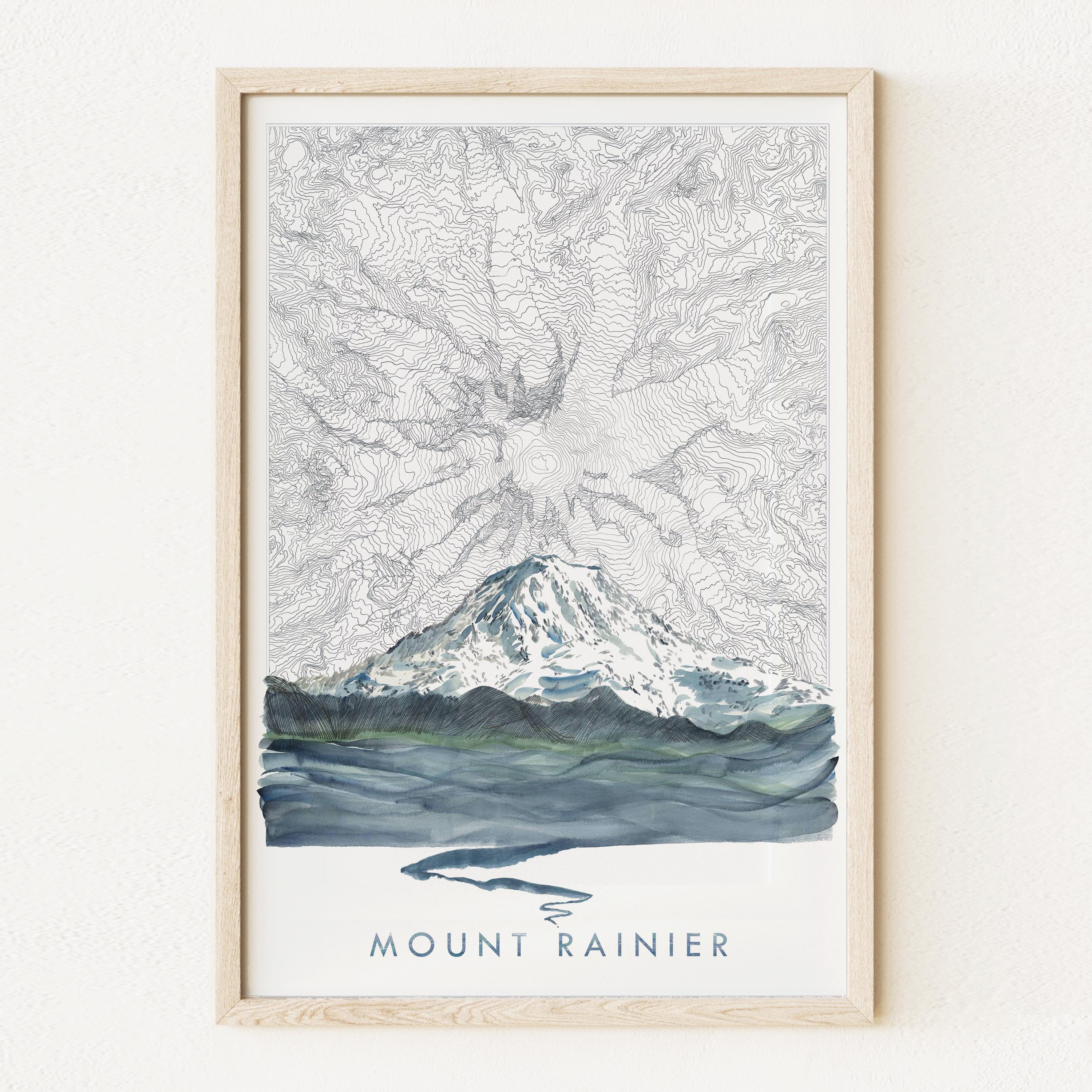 山と川の風景 日本画　65×50サイズ タホママウントレーニアワシントン手描きの地形図と山川の絵画（アート