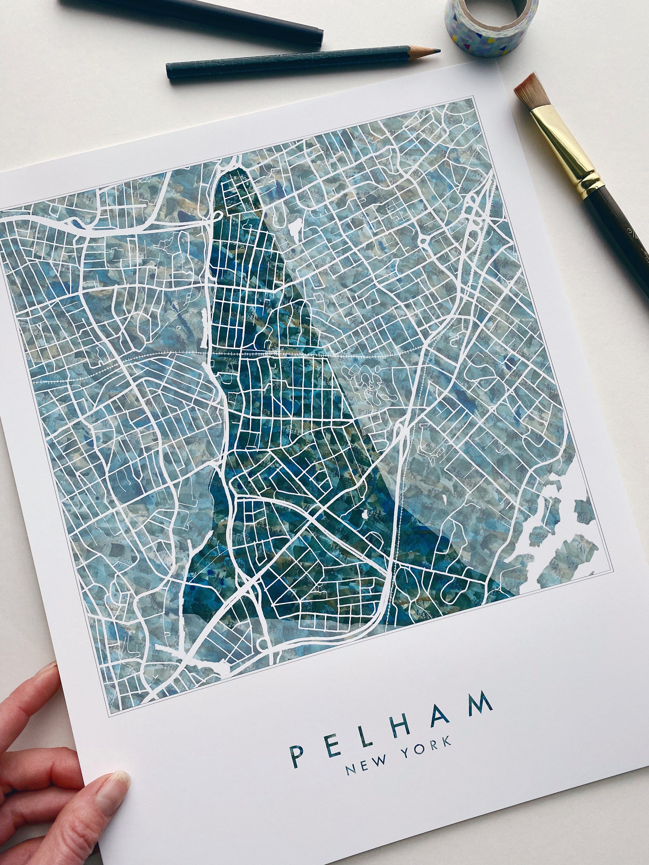 Marsh Rd Pelham Map PELHAM Map Urban Fabric Watercolor Texture Painting NEW YORK Pelham ...