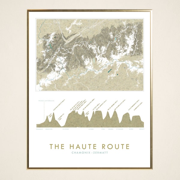 The HAUTE ROUTE France Switzerland Hand Drawn Painted Topographic Watercolor Map (Art Print) Trail Hiker Mountain Biker Graduation Wedding