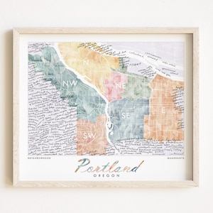 PORTLAND, Oregon, carte du quadrant du quartier (impression d'art), aquarelle, texte manuscrit en cursif, mots descriptifs, plan de la ville, pendaison de crémaillère, agent immobilier
