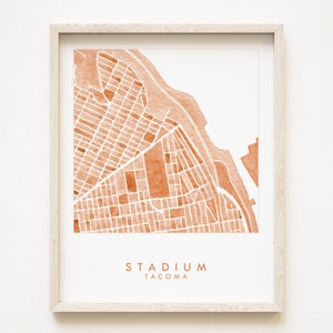 Quartier des stades, carte du quartier de TACOMA, impression aquarelle rouge, plan d'îlot de la ville de WASHINGTON (impression d'art) Nord-ouest du Pacifique, PNW, décor de Puget Sound