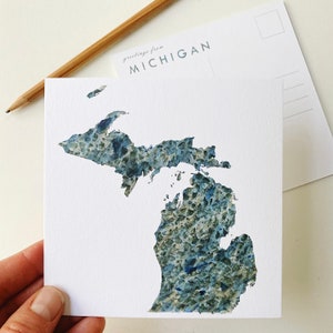 Mappa acquerello del Michigan CARTOLINA Mappa dello stato degli Stati Uniti Bomboniera per matrimonio Souvenir Agente immobiliare Laurea Trasloco Regalo Penpal
