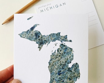 Michigan Watercolor Map POSTCARD US State Map Wedding Favor Souvenir Realtor Graduation Moving Gift Penpal