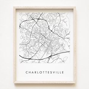CHARLOTTESVILLE Virginia kaart stratenplan tekening zwart-wit (Art Print) huwelijksverjaardag makelaar UVA Grad Gift Cavalier kaart muur