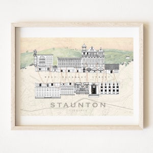 STAUNTON Virginia West Beverley Streetscape (Art Print) architectonische kaart tekening Blue Ridge Mountains Shenandoah Valley historische stad cadeau