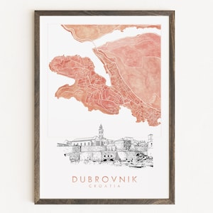 DUBROVNIK Carte aquarelle et impression de croquis architecturaux CROATIE Plan d'îlot (impression d'art) Cadeau de remise des diplômes de mariage Art du voyage en Europe