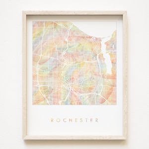 ROCHESTER Orgullo Arco Iris Mapa Acuarela Lavado Mapa Imprimir Plan de la Ciudad (Impresión de Arte) Universidad de Nueva York UR Graduación Regalo de Boda Viaje Lago Erie