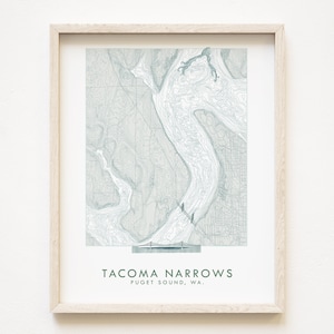 Carte topographique dessinée à la main de Tacoma NARROWS Gig Harbour Point Defiance Carte bathymétrique de WASHINGTON Dessin (impression d'art) Cadeau pour la maison Puget Sound
