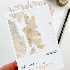 Mapa de acuarela de la ISLA BAINBRIDGE, Washington, TARJETA POSTAL estándar, Puget Sound, agente de viajes, mudanza, regalo, recuerdo de boda, papelería PnW