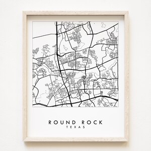 Carte ROUND ROCK, plan des rues, TEXAS, plan de la ville, dessin en noir et blanc (impression d'art) Anniversaire de mariage Agent immobilier, cadeau de déménagement, Austin, carte murale
