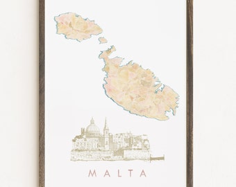 MALTA Watercolor Map and Architectural Sketch Print MEDITERRANEAN Block Plan (Art Print) Wedding Valletta Wedding Gift European Travel