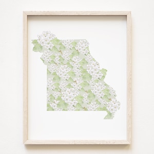 MISSOURI staat bloemenkaart aquarel Hawthorne (Art Print) kaart muur afstuderen bruiloft makelaar verhuiscadeau Midwest bloemen kaart