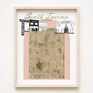 SOUTH TACOMA Neighborhood Map Watercolor Print Olive with Local Icons WASHINGTON (Art Print)