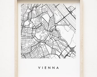 WENEN kaart handgetekende stratenplan OOSTENRIJK stadskaart tekening zwart-wit (Art Print) huwelijksverjaardag cadeau Europese Oostenrijkse reiskunst