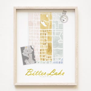 BITTER LAKE Seattle buurtkaart aquarel print WASHINGTON City Block Plan (Art Print) Downtown Seattle kaart muur makelaar cadeau lokaal