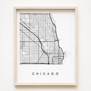 Carte de CHICAGO dessiné à la main, plan des rues de l'ILLINOIS, dessin en noir et blanc (impression d'art) anniversaire de mariage cadeau de remise des diplômes Grands Lacs