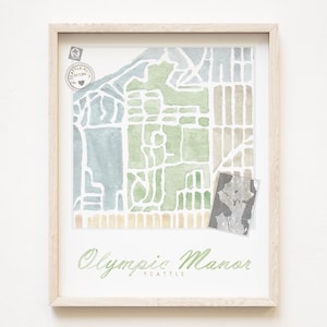 OLYMPIC MANOR Seattle buurtkaart aquarel print WASHINGTON City Block Plan (Art Print) Downtown Seattle kaart muur lokale makelaar cadeau