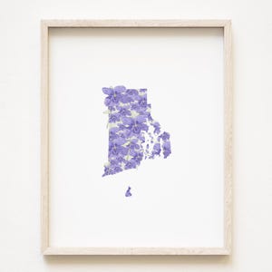 RHODE ISLAND État fleur carte aquarelle violette (impression d'art) carte murale diplômé anniversaire de mariage agent immobilier déménagement cadeau Nouvelle-Angleterre nord-est