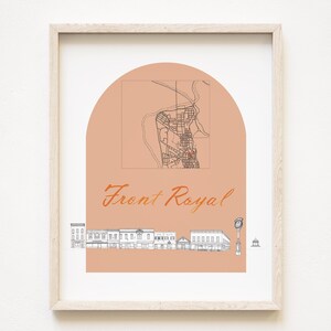 Paysage de rue FRONT ROYAL + dessin de carte East Main Street VIRGINIA plan de la ville (impression d'art) mariage agent immobilier cadeau de déménagement souvenir décoration locale