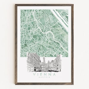 Carte aquarelle de VIENNE et impression de croquis architecturaux AUTRICHE Plan d'îlot (impression d'art) Cadeau de remise des diplômes de mariage Art alpin européen de voyage