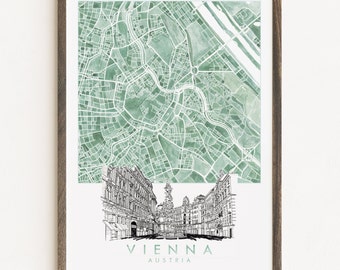 WENEN aquarel kaart en architecturale schets afdrukken OOSTENRIJK City Block Plan (Art Print) bruiloft afstuderen cadeau Alpine European Travel Art
